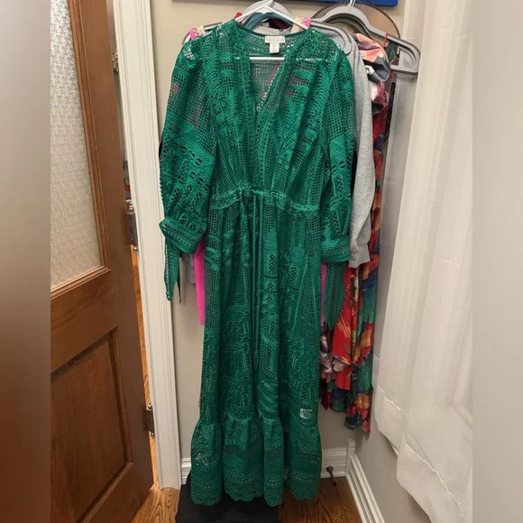 Like New House of Harlow 1960 Dress Morada boa Guipure emerald green lace sz Sm - Picture 2 of 12